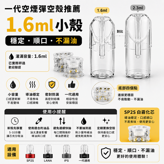 一代空煙彈空殼推薦 1.6ml SP2S 白霧化芯｜穩定、順口、不漏油 - 小柏哥商場